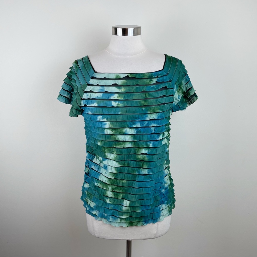 New Directions Green Blue Ruffle Short Sleeve Blouse Top New Women Large